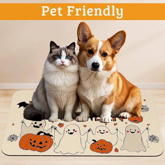 Pumpking Bat Dog Cat Food Mat,Halloween Absorbent Waterproof Placemat for Food and Water Non Slip Rubber Backing Durable Feeding Pad for Clean Floors 16" x 24"