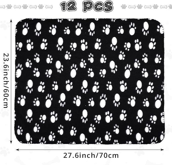 Tatuo 12 Pieces Black Dog Blankets for Small Dogs Puppy Fleece Blanket Bulk Warm Felt Throw Spring Cute Paw Print Puppy Kitten Sleep Mat Pad Soft(Classic Style)