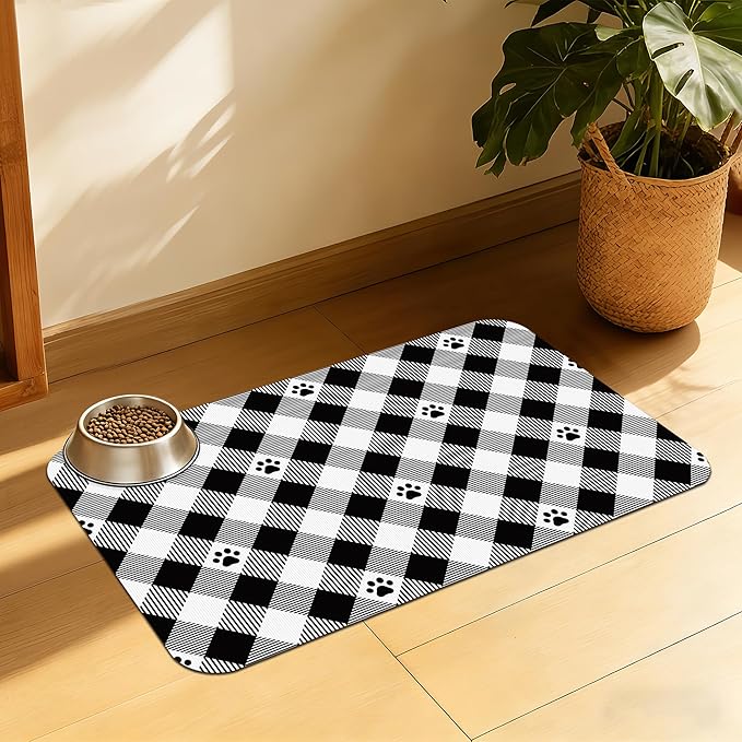 Cat Checked Plaid Dog Cat Food Mat, Absorbent Feeding Mat with Fast-Dry Surface, Rubber Backing for Messy Drinkers – 12x20 Inch