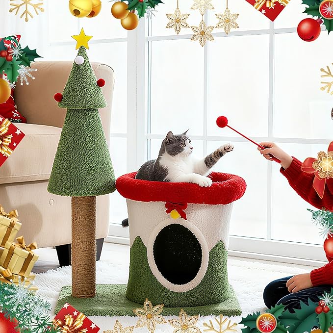 COSIEST 30in Christmas Cat Tree for Kittens, Kitty Condo with Top Perch, Small Cat Tree House with Sisal Scratching Posts, Cat Safe Christmas Tree Tower for Indoor Cats, Activity Center, Red & Green