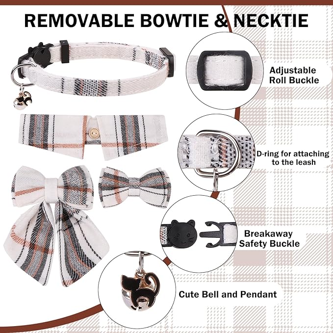 Cat Collar with Bells Breakaway, Bowtie Cat Collar for Boy Girl Cats with Removable Shirt Collar, Cute Plaid Kitten Collar with Bell & Pendant Adjustable, 3 Pack Beige Cat Collars