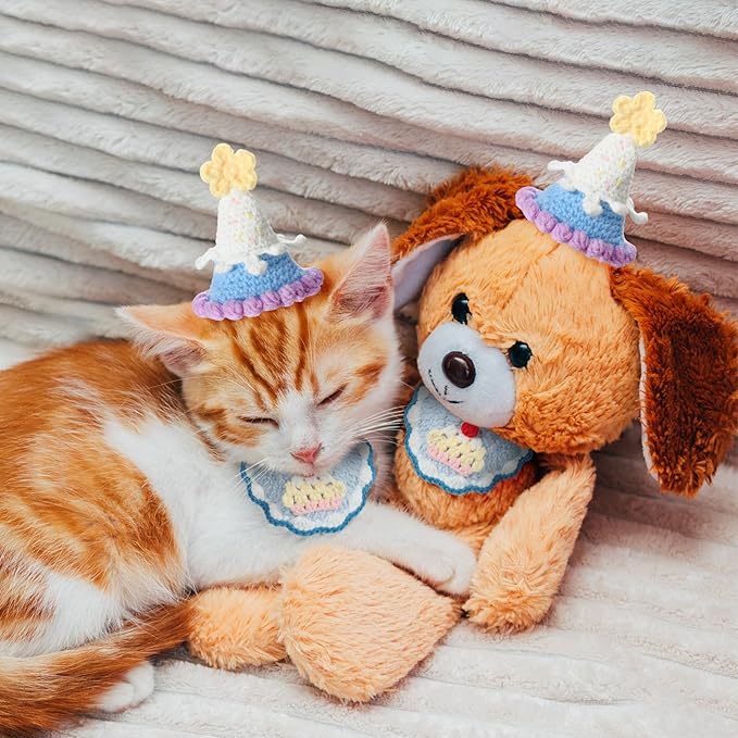 Sanwuta 2 Pcs Cat Birthday Party Supplies, Knit Cat Hat Kitten Birthday Bib Knit Bandana Pet Party Costume Headwear Accessories for Puppy Kitten Small Dogs Animals(Blue)