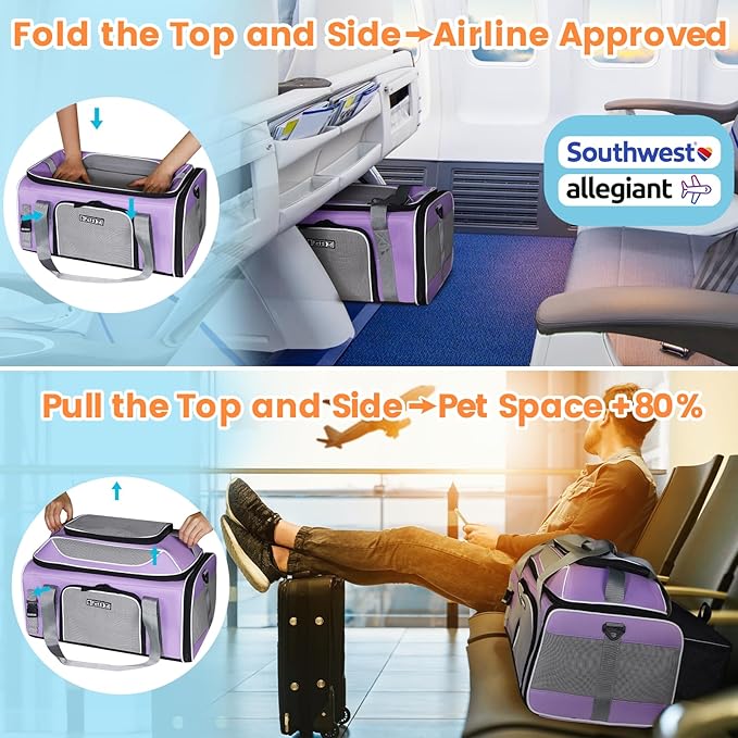 Petskd Top-Expandable Pet Carrier 19x13x9 Inches Southwest Allegiant Airlines Approved, Soft-Sided Carrier for Small Dog Under 12 lbs and Large Cat Under 15 lbs(Purple)