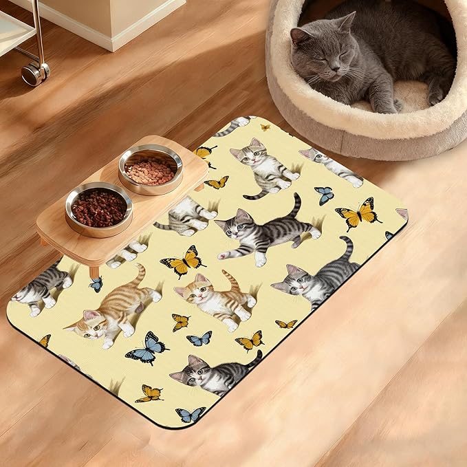 Dog Bowl Mat,Cute Cats Pet Feeding Mat for Floors Waterproof,Butterfly Absorbent Dogs Placemat for Food and Water Quick Dry Pet Cat Feeding Mats with Non Slip Bottom 12" x 20"