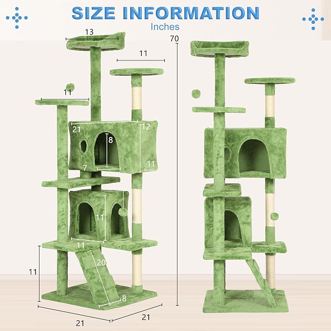 FDW | 70" Cat Tree Tower | Green | Multi-Level Indoor Activity Center with Sisal Scratching Posts, Condos, Plush Perches, Hanging Cat Toys | Sturdy, Easy to Assemble | for Kittens & Adult Cats