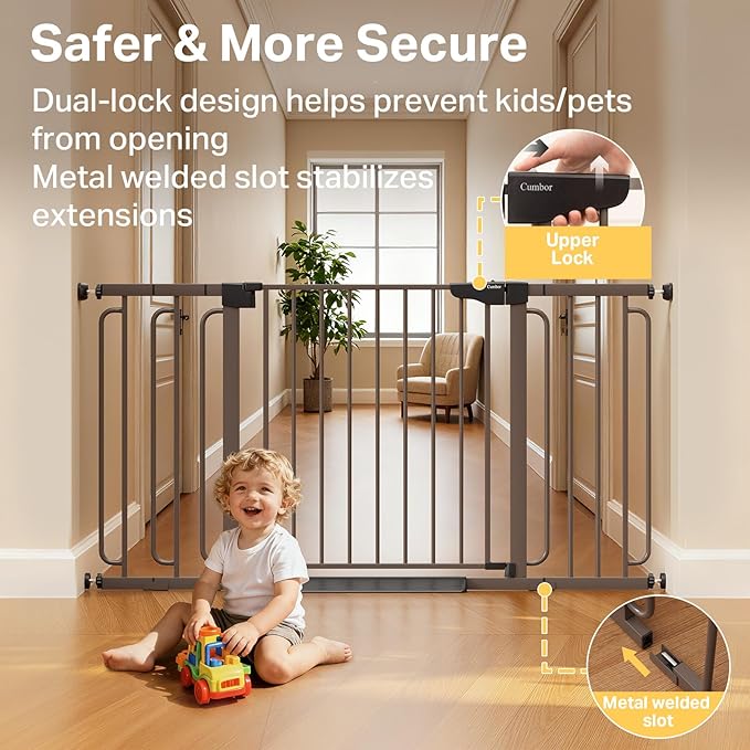 Cumbor 36.6-59" Extra Wide Baby Gate for Stairs, Pressure Mounted Dog Gate for Doorways, Auto-Close Easy Walk Through Safety Child Gate for Kids Toddler, Tall Pet Gates Indoor, Brown