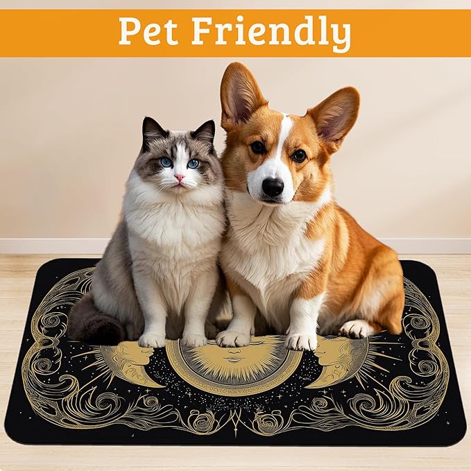 Dog Bowl Mat,Moon Sun Pet Feeding Mat for Floors Waterproof,Boho Vintage Absorbent Dogs Placemat for Food and Water Quick Dry Pet Cat Feeding Mats with Non Slip Bottom 16" x 24"