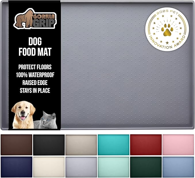 GORILLA GRIP 100% Waterproof Raised Edge BPA Free Silicone Pet Feeding Mat, Dog Cat Food Mats Contain Spills Protects Floors, Placemats for Cats and Dogs Water Bowl, Pets Accessories 28x18 Gray