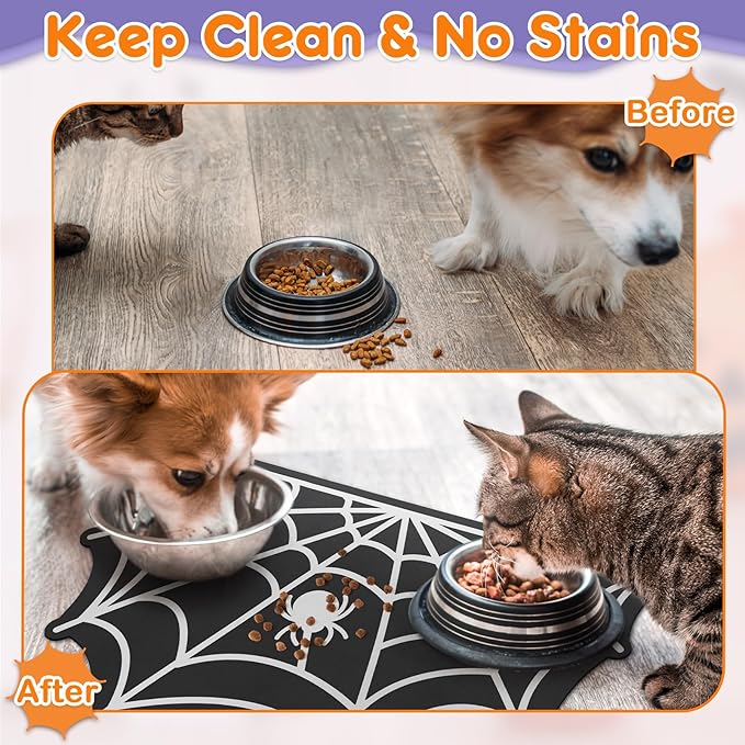 Pet Mats for Food and Water Dog Cat Food Mats Pet Feeding Mat Anti-Slip No Stains Quick Dry Floors Waterproof Placemat for Pet Food Water Bowl Mat Halloween Decorations - 23.6"x15.7" Spider Web