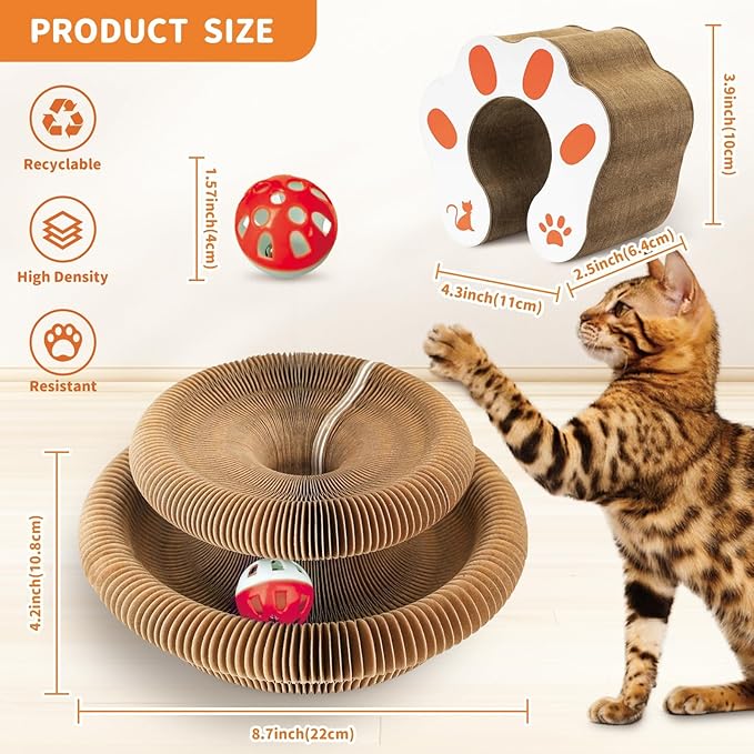 Collapsible Cats Cardboard Scratcher, Interactive Cat Toys for Indoor Cats, Scratch Pad Shape Shifting Ball Track with Bell, Magic Organ Cat Toy for Chase & Scratch Easter Toys Gift for Kitties Paw