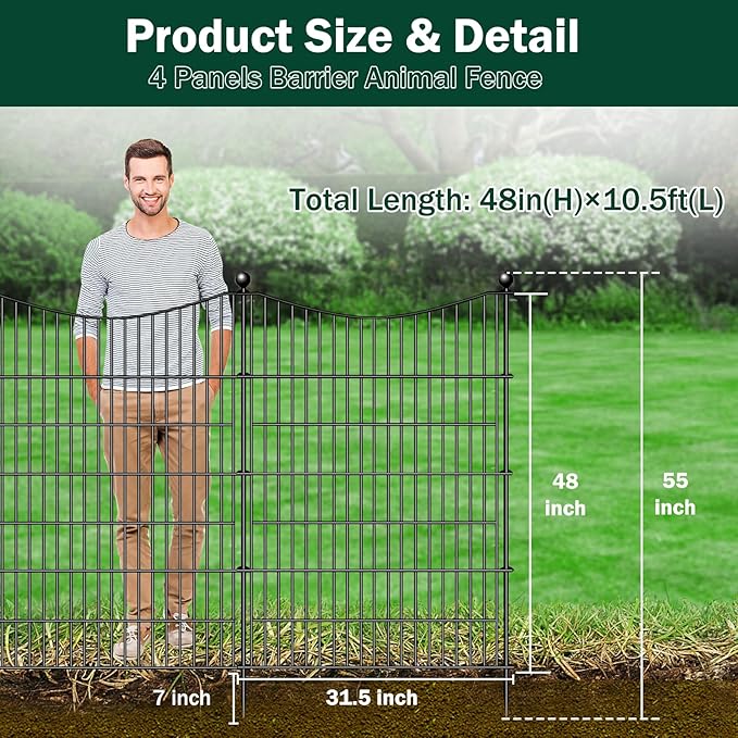 4 Panels No Dig Dog Fence Outdoor for Yard, 48 in(H) X 10.5 ft(L) Decorative Tall Garden Fence Animal Barrier, Rustproof Metal Wire Garden Edging and Borders, Temporary Fencing Stakes