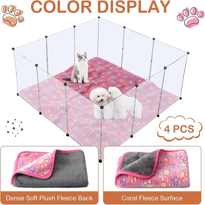 Panelee 4 Pcs Waterproof Dog Blankets Washable Puppy Paw Print Fleece Blanket for Small Medium Pet Cat Whelping Warm Soft Sleep Mat Guinea Pig Cage Liners(36 x 36 Inch)