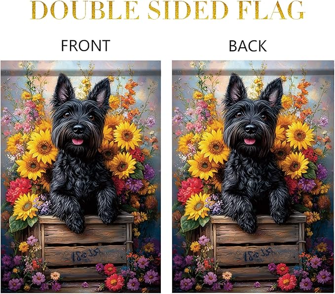 Garden Flag Black Terrier Dog with Sunflowers Floral Crate Yard Banner 12x18 Inch Double Sided Seasonal Spring Summer Outdoor Decoration for Porch Lawn Patio Outside House Dog Lover Gift