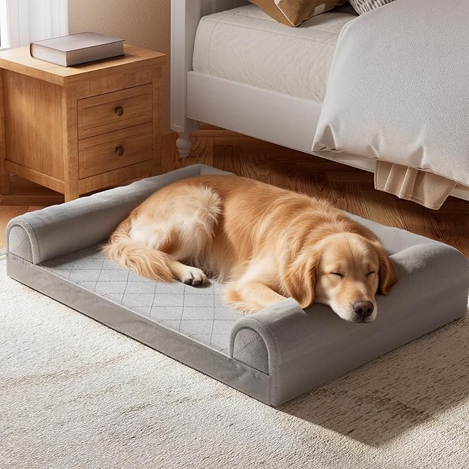 Simple Trending Orthopedic Dog Beds Large Sized, Dog Couch Sofa Bed with Washable Cover, Waterproof Egg-Crate Foam Pet Bed with Sides, Grey