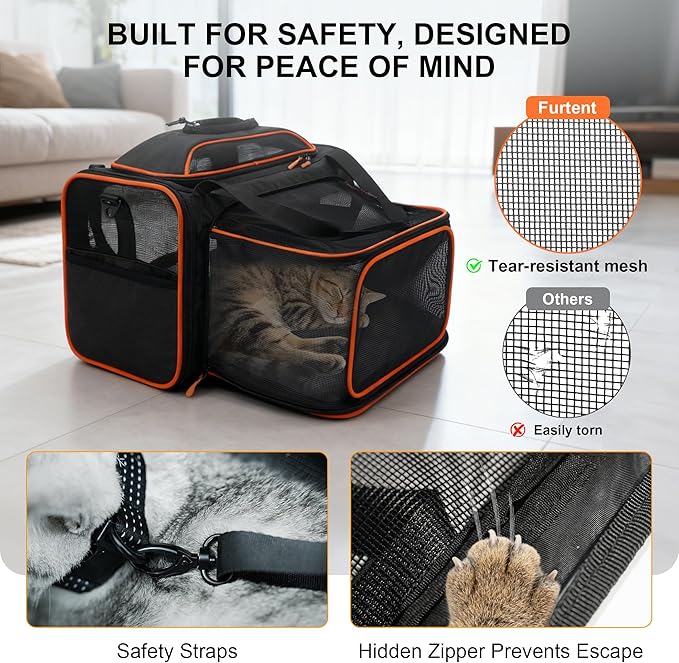TSA Approved Expandable Cat Carrier with Top and Side, 16x11x11 Soft-Sided Pet Carrier for Small Cats and Dogs, Foldable Travel Carrier with Anti-Scratch Mesh and Safety Belt, Black