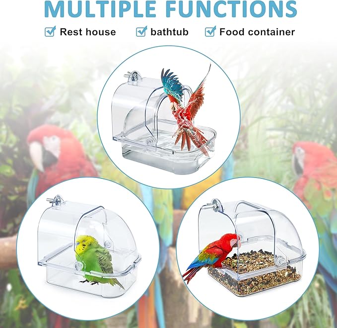 Bird Bath for Cage, Clear Birds Bathtub with Hanging Hooks, Upgraded Bird Bath Box for Cage Accessory Small Birds Parrots Cockatiel Budgies Shower Food Feeder Holder (Large)