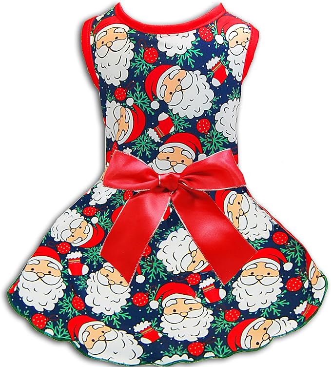 Pohshido Christmas Dog Dress, Winter Holiday Santa Claus Skirt with Cute Bow for Boys and Girls Small Pet Puppies Doggie