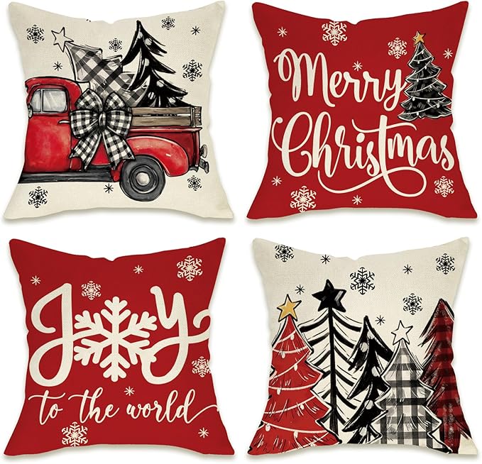 Fahrendom Merry Christmas Decorative Throw Pillow Covers 18 x 18 Set of 4, Xmas Tree Truck Joy to The World Porch Patio Outdoor Pillowcase, Winter Holiday Snowflake Sofa Couch Cushion Case Home Decor