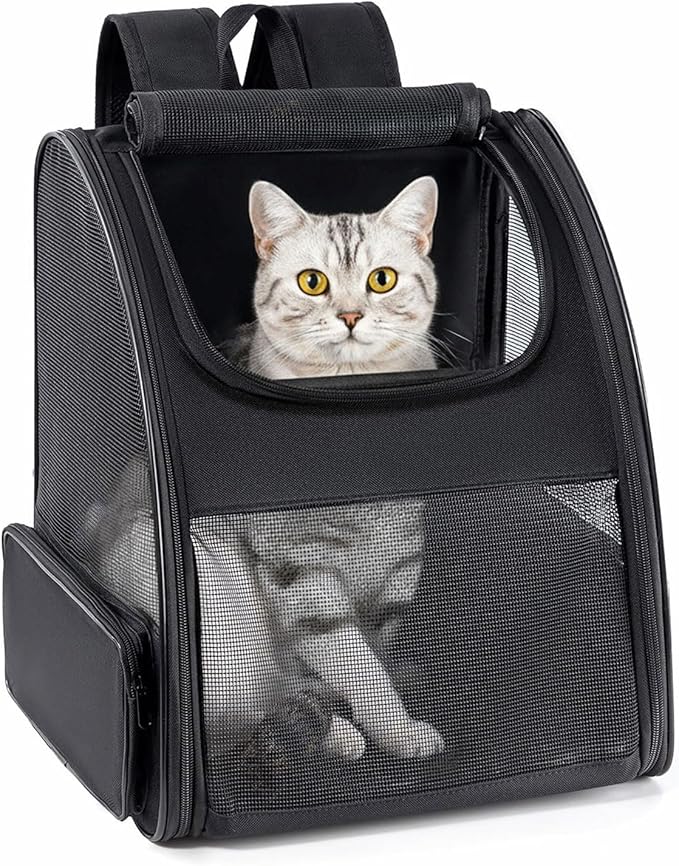 Cat Backpack Carrier for Small Dogs and Cats Fit Up to 15 Lbs,Small Dog Backpack, Foldable with 3-Side Mesh Windows, Pet Carrier for Travel & Hiking Friendly，Black