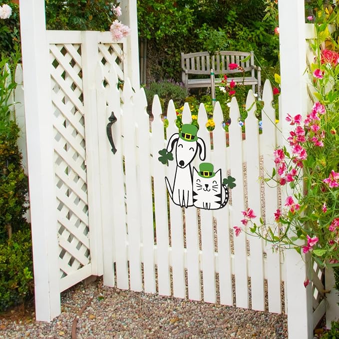 Fiwochic St Patrick's Dogs Cat Decorations Metal Shamrock Wall Art Irish Pet Hanging Signs Farmhouse Rustic Irish Clover Green Decor Gift for Front Door Porch Hallway Outdoor Garden 15.8 x 12 Inch