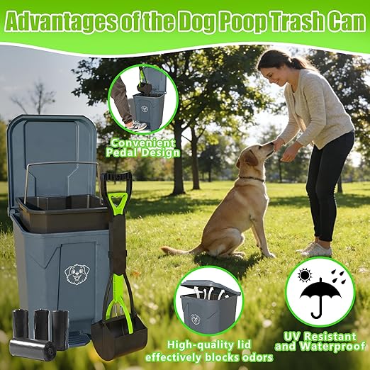 Dog Poop Outdoor Trash Can with Lid 20L/5Gal - Pedal & Removable Inner Bin, 200 Waste Bags + 1 Green Long Handle Pooper Scooper