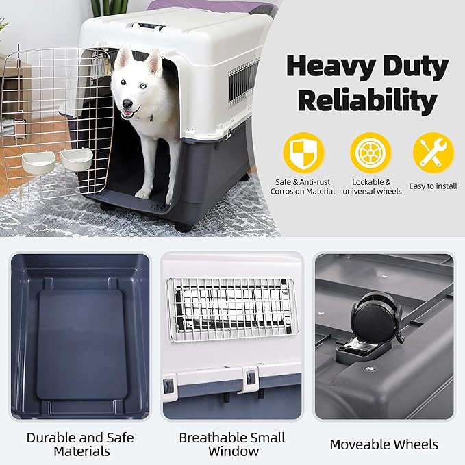 Elevon Plastic Kennels, Plastic Dog Crate, Airline Approved Pet Carrier for Dogs and Cats Longer Traveling, XLarge