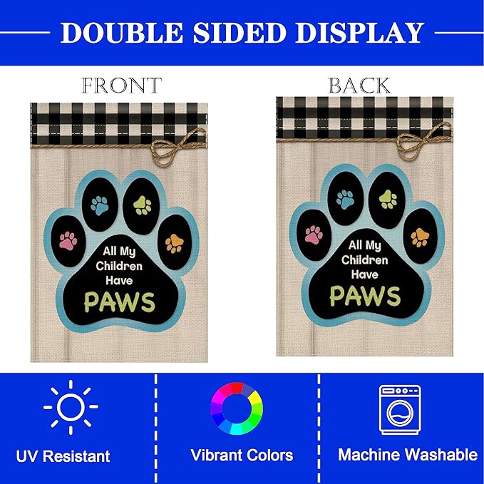 12x18 All My Children Have Paws Garden Flag Cat Paw Print Black Gingham Outdoor Decor for Pet Lovers Porch Yard Patio Decorations