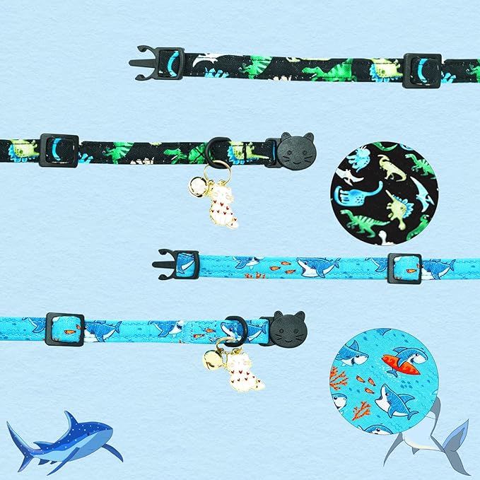 Cat Collar-2 Pack Cat Collars Shark & Dinosaur Cat Collar Breakaway with Kitten and Bell Pendant Safety Buckle Adjustable Cute Pet Collar for Boy Cats Gift for Cats and Small Pets