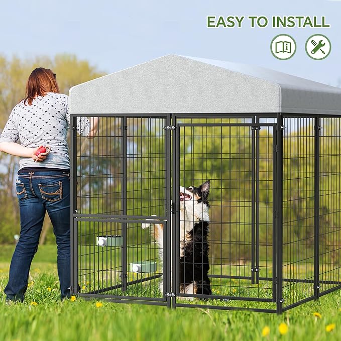 Mr IRONSTONE Outdoor Dog Kennel Heavy Duty Metal Dog Enclosure with Roof, Rotating Food & Water Feeder, Waterproof Covered Large Dog Run for Backyard, Secure Lock Design (4'L x 4'W x 4.4'H)