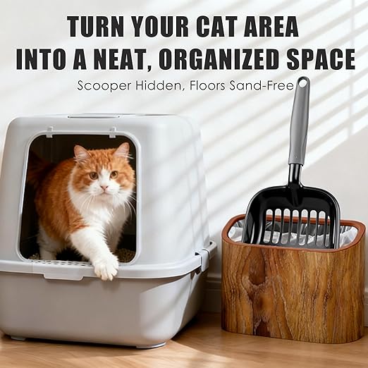 Cat Litter Scoop Holder – Wood-Grain Dual-Open Scoop Caddy with Bag-Lock Hole, Wide-Mouth Double-Layer Inner Bucket, Mini Desktop Trash Bin for Pet Scoops & Accessories