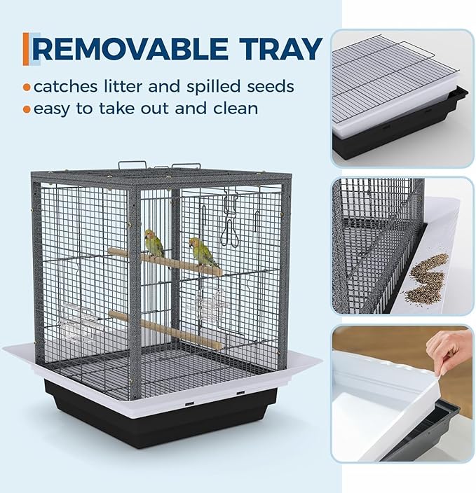 Bird Flight Cage 16 x 16 x 20 Inch, Wrought Iron Parrot Cage with Top Carry Handle, Food Cup, Removable Tray and Perches, Bird Carrier for Parakeet, Cockatiels, Budgies and Small Medium Birds