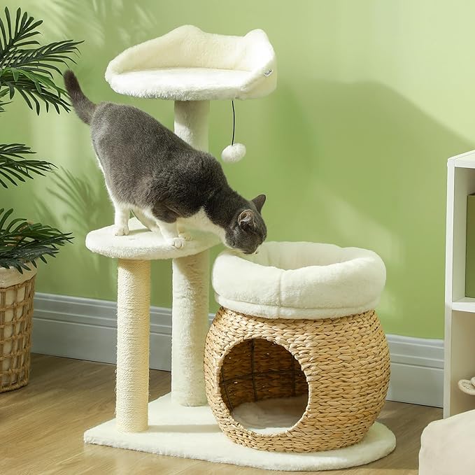 PawHut 31" Cat Tree, Cat Tower for Indoor Cats with Sisal Scratching Posts, Cat Condo, Cat Beds, Platform and Toy Ball, Cat Activity Center, Cream White
