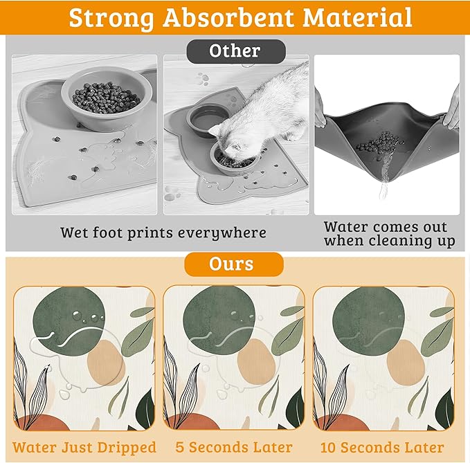 Boho Dog Cat Food Mat,Abstract Leaves Absorbent Waterproof Placemat for Food and Water Non Slip Rubber Backing Durable Feeding Pad for Clean Floors 12" x 20"