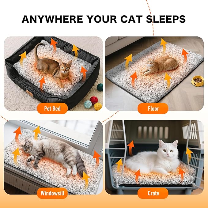 Self Warming Cat Bed, Heated Cat Bed, 2.0 Upgraded Thermal Foil Heating Pad, Plush Self-Heating Pet Mat for Crate, Floor, with Removable Washable Cover, Non-Slip, 15"x19"