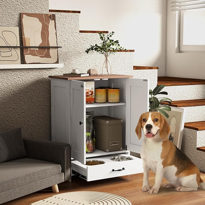 PawHut Pet Feeding Station, Elevated Dog Bowls, Dog Food Storage Cabinet with Hidden Bowls, Adjustable Panel, Hooks for Medium Sized Breed, White