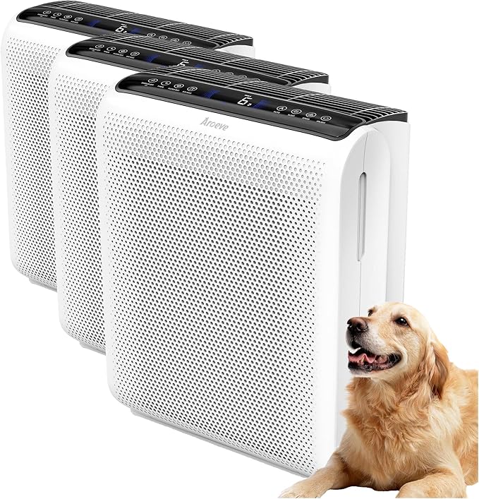 AROEVE Air Purifier for Large Rooms up to 1504 Ft² - 5 Layer Filter System for Smoke, Pollen, Allergies & Pet Dander, Features Air Monitor, Sleep Mode & Timer, MK07 White (Pack of 3)