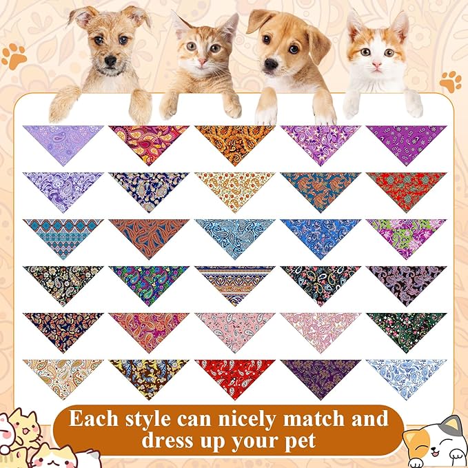 Sanwuta 120 Pcs Paisley Dog Bandanas Bulk Paisley Bandanas for Dogs Adjustable Washable Pet Scarf for Small and Medium Pets, 30 Styles