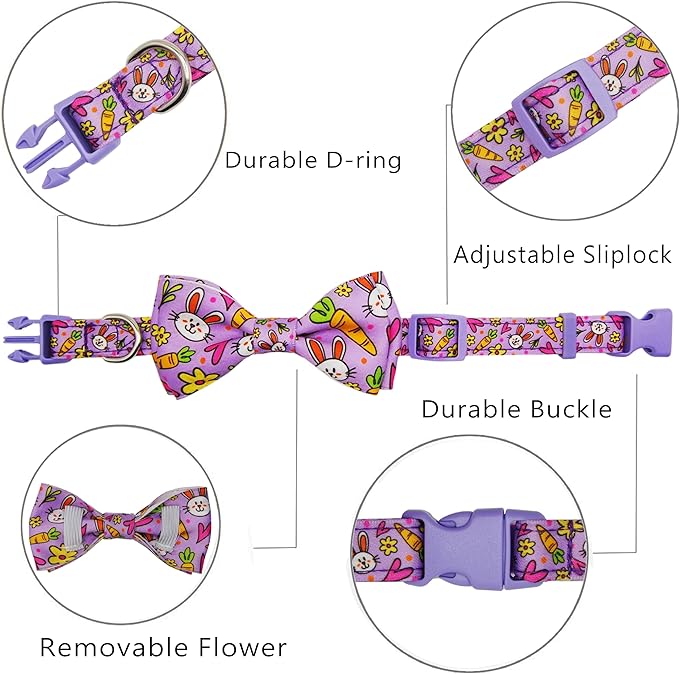 Easter Dog Collar with Bow Tie Set, Adjustable Purple Bunny and Carrot Pattern Pet Collar, Cute Spring Flower Holiday Neckwear for Small, Medium, and Large Dogs