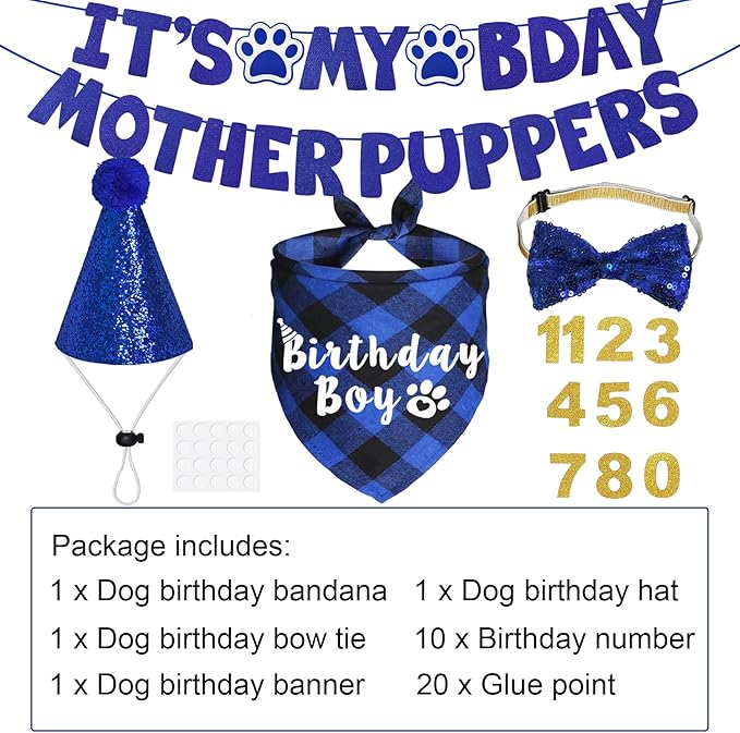 Dog Birthday Party Supplies, Multi Sizes Dog Birthday Hat with Numbers Bandana Bow Tie It’s My Bday Mother Puppers Sign Banner for Large X-Large Dogs Pets (X-Large, Blue)