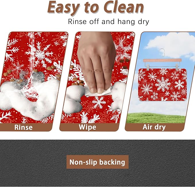 Christmas Dog Food Mat for Floors,Snowflake Absorbent Pet Food and Water Bowl Mats,Non-Slip Pet Feeding Mat,Pet Supplies 12" x 20"