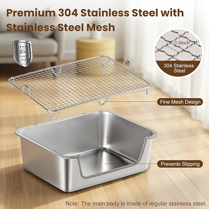 Rabbit Litter Box, Extra Large Bunny Litter Box with 304 Stainless Steel Sifting Tray & Hooks, Rabbit Litter Box, Easy to Clean and Odor Control (17.7" × 13.8" × 5.9")