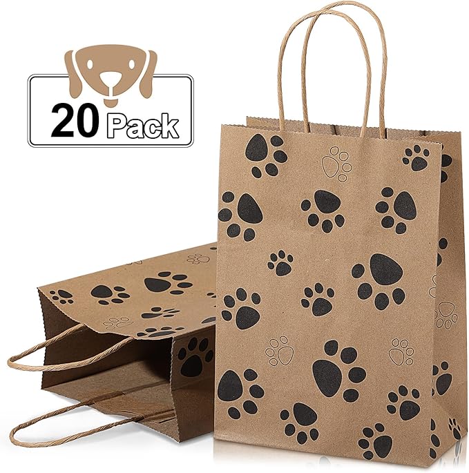 Blulu 20 Pcs Puppy Dog Paw Gift Bags with Paper Twist Handles, Dog Gift Paper Paw Treat Goodie Bags for PET Treat Party Favor, 6.3 x 3.1 x 8.6 Inch(Brown Backing)