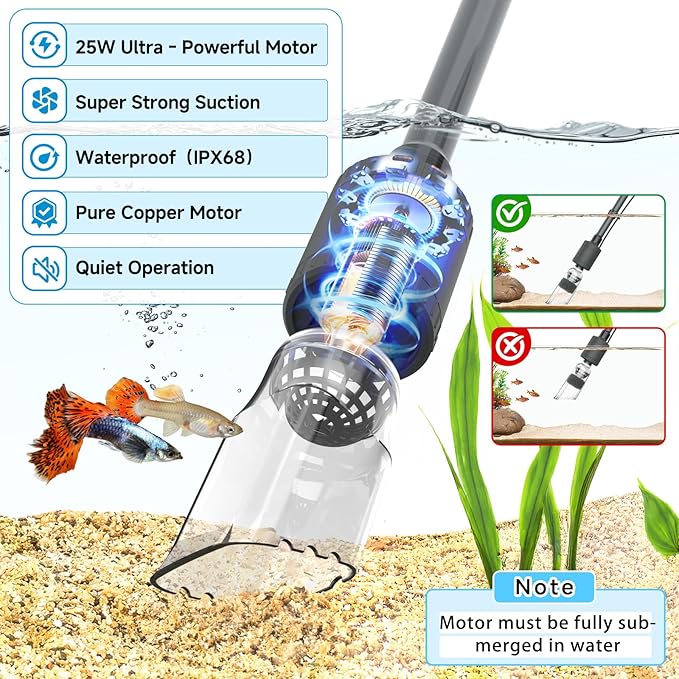 fishkeeper Electric Aquarium Vacuum Gravel Cleaner, 25W 6 in 1 Multifunction Fish Tank Cleaner Kit Gravel Vacuum for Fish Tank Adjustable Flow for Automatic Wash Sand & Water Changer
