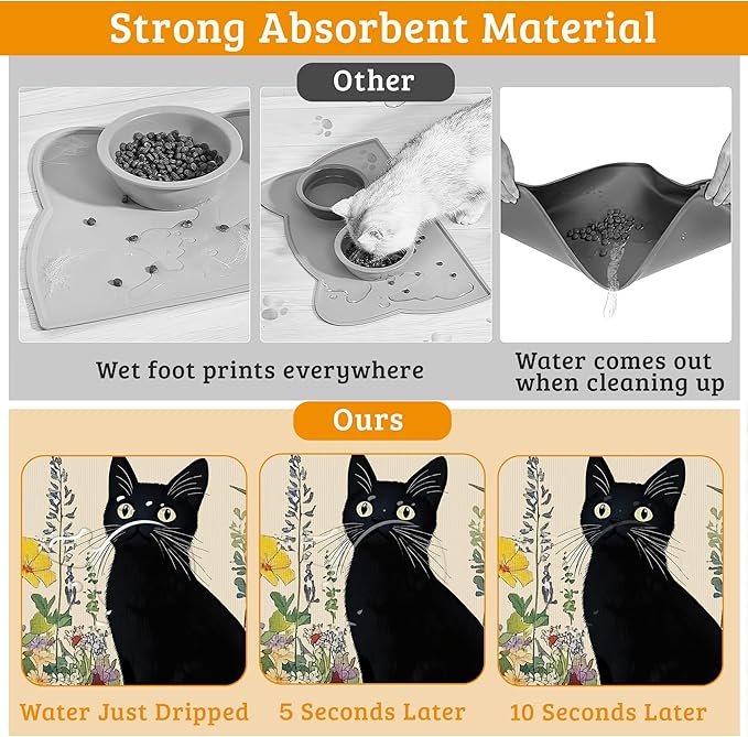 Dog Bowl Mat,Cat Black Pet Feeding Mat for Floors Waterproof,Color Flowers Absorbent Dogs Placemat for Food and Water Quick Dry Pet Cat Feeding Mats with Non Slip Bottom 12" x 20"