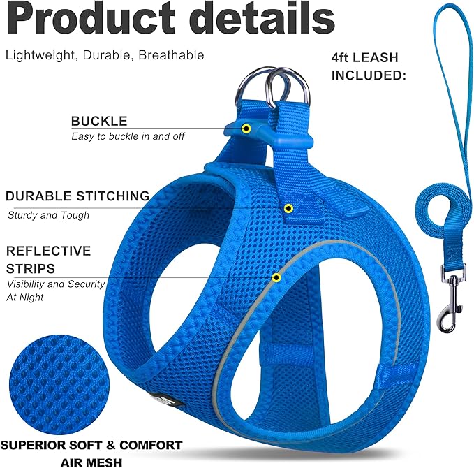 Fida Comfy Dog Harness with Leash, Soft Puppy Vest Escape Proof, Breathable Lightweight Soft Mesh, Adjustable Reflective Step-in Harness for Small & Medium Pet Walking (M, Blue)