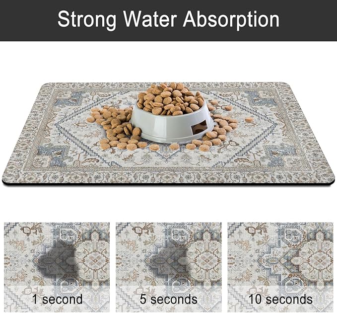 2 Pack Dog Food Mats for Floors, Absorbent and Quick-Drying Pet Cat Food Mat,Anti-Fouling and Easy-to-Clean Pet Feeding Mat,Dog Bowl Mat for Messy Drinking Water Bowls.12 x20+18"x24", Bohemia Style