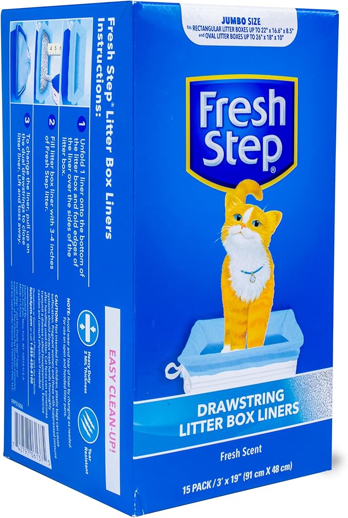 Fresh Step Jumbo Drawstring Cat Litter Box Liners, Scented Heavy Duty Kitty Litter Bags for X-Large Oval or Rectangle Pans, Helps Contain Mess for Easy Lift Out Cleanup, 36 x 19 in, 15 Count - 12 Pack