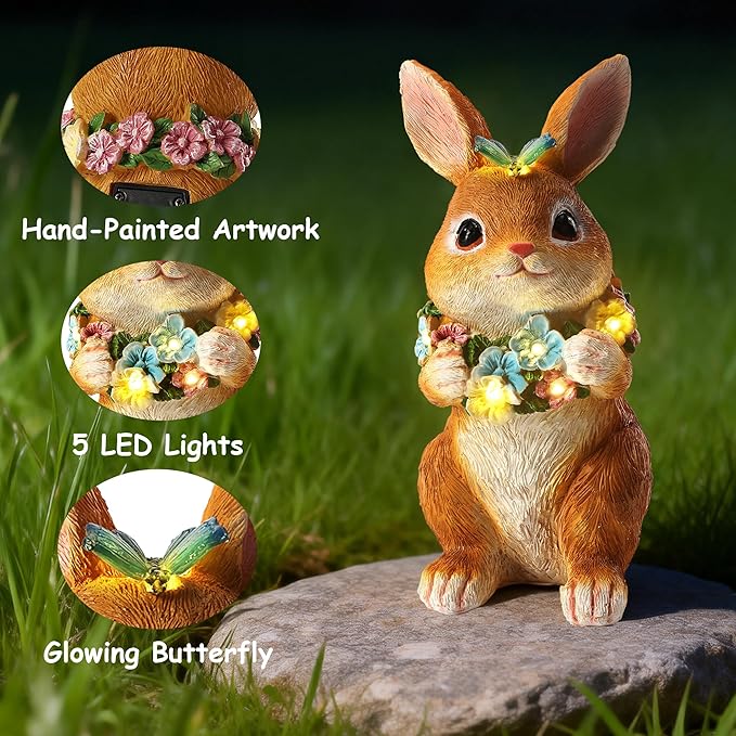 Solar Garden Statues Outdoor Easter Bunny Decorations with Butterfly & Flowers Spring Decor with 6 LED Night Accent Lights for Patio, Yard & Lawn, Easter Gift for Mom, Valentines Day Figurine