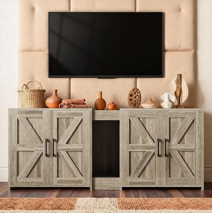 Cat Litter Box Enclosure Furniture - Hidden Litter Box Double Cabinet with Scratch Pad & Cats Bed | Farmhouse Style End Table for Cats | Discreet Cat Washroom for Living Room & Bedroom Grey