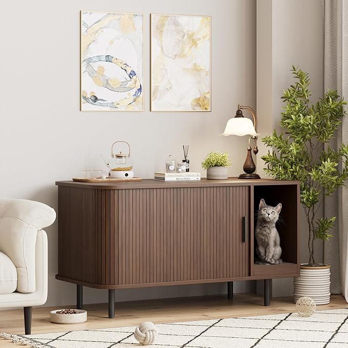 Cat Litter Box Enclosure with Cat Scratch Pad, Sliding Door, 37.4" Litter Box Enclosure Furniture Hidden Litter Box, Modern Indoor Cat House, TV Stand, Side End Table for Living Room, Walnut